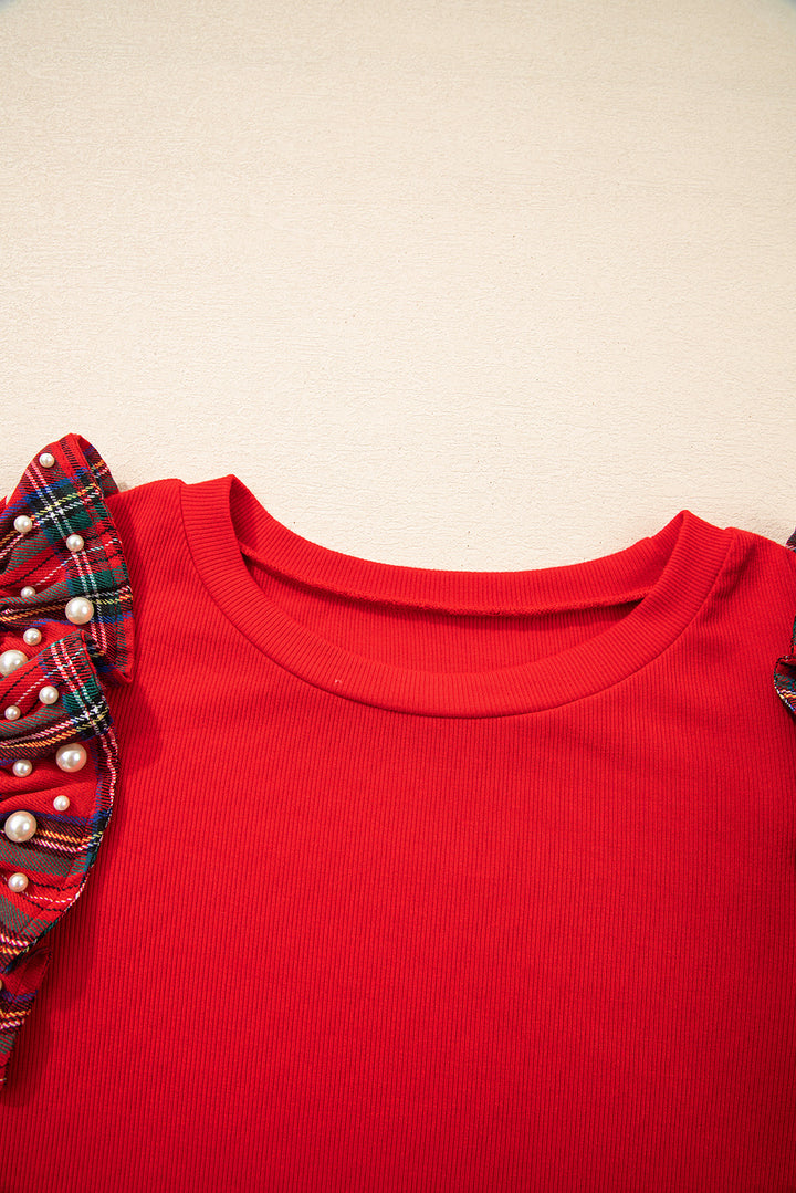 Plaid Pearl Ruffle Short Sleeve Loose T Shirt