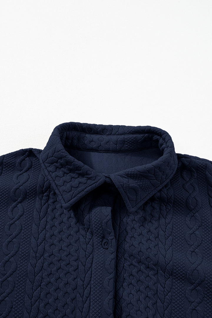 Navy Blue Cable Texture Puff Sleeve Loose Shacket