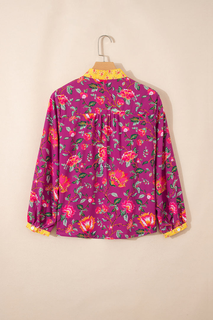 Contrast Placket Split V Neck Floral Blouse