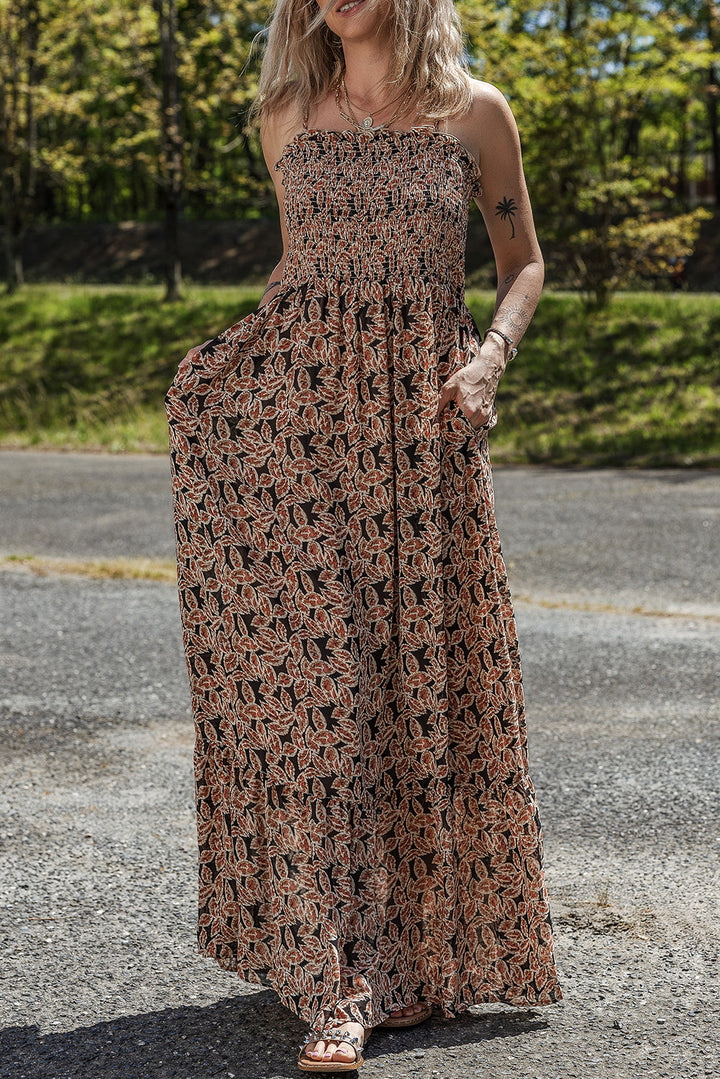 floral smocked bodice high waist flowy sun dress