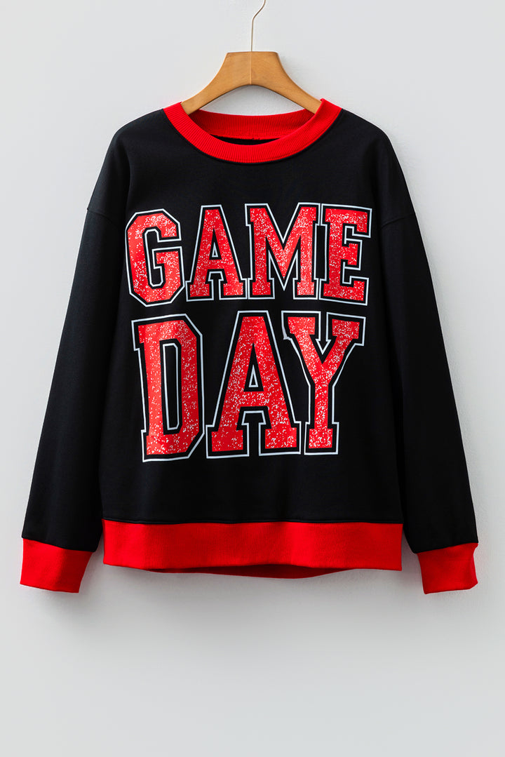 GAME DAY Letter Graphic Varsity Striped Detail Baggy Sweatshirt