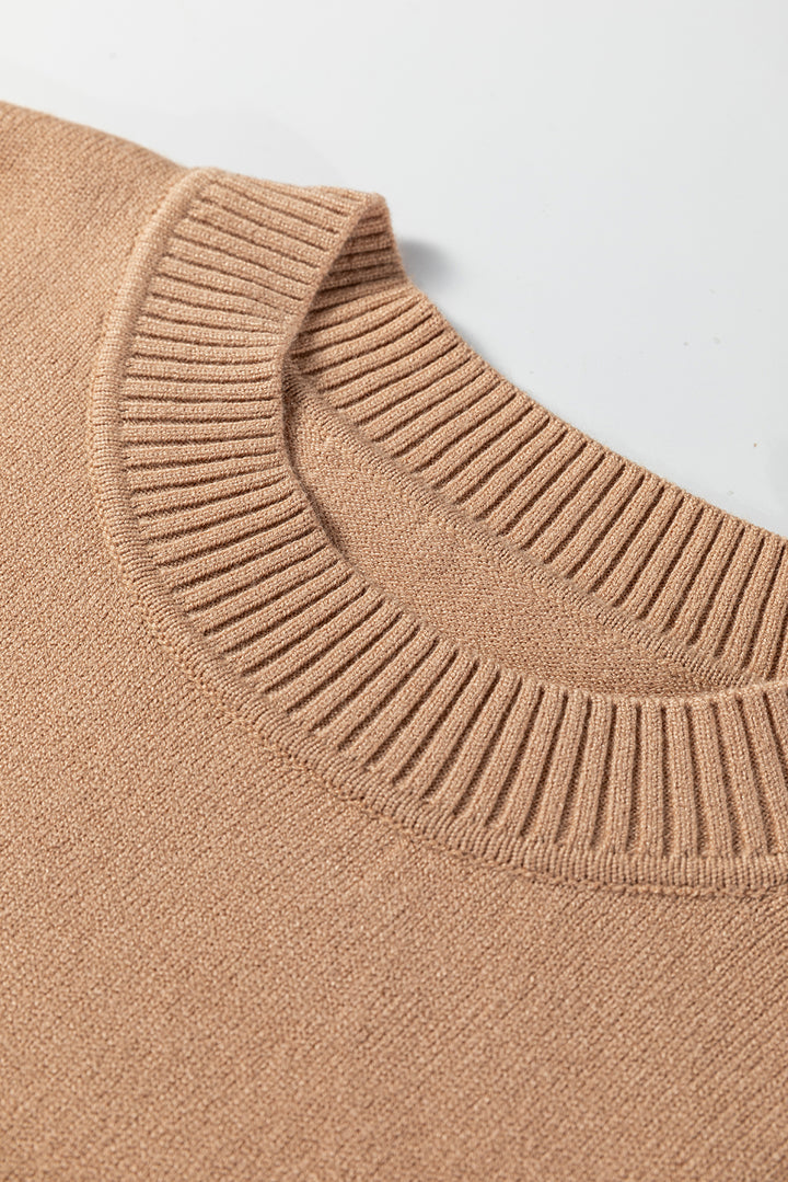 Light French Beige Solid Color Knit Short Puff Sleeve Sweater
