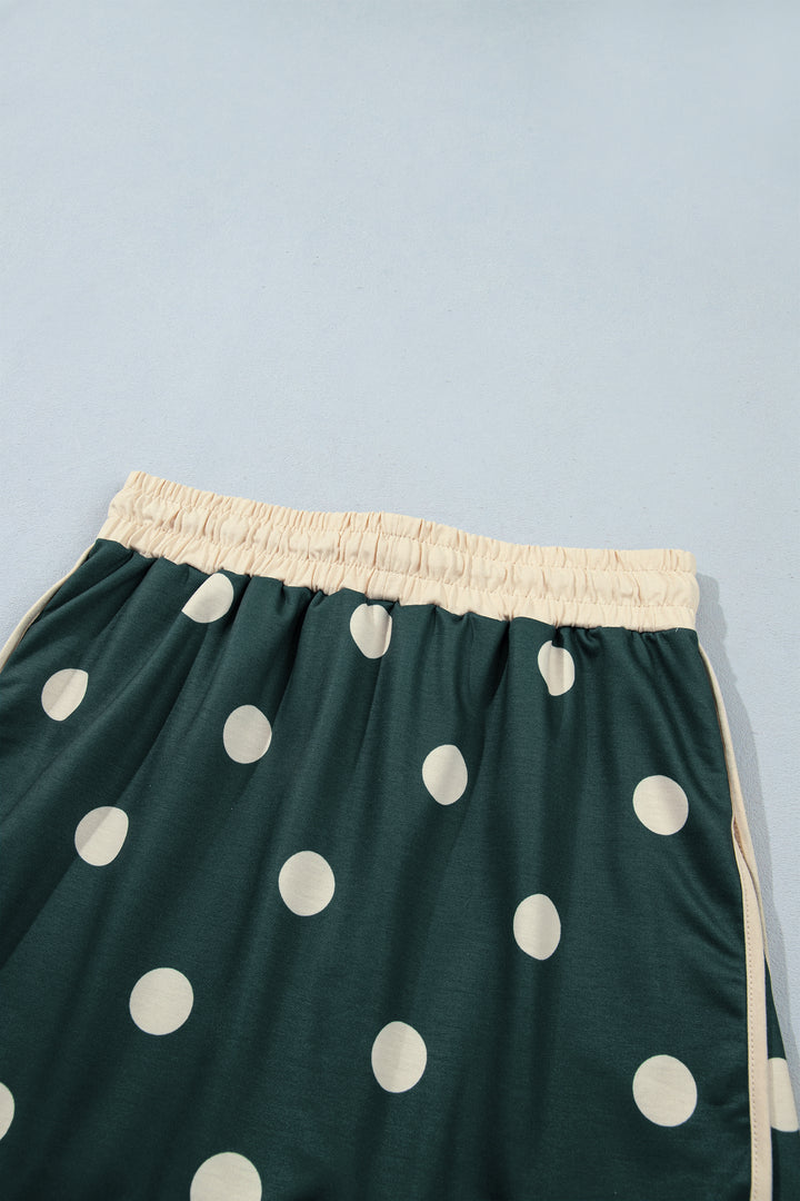 Green Polka Dot Print Trim Baggy Pullover Drawstring Skirt 2pcs Set