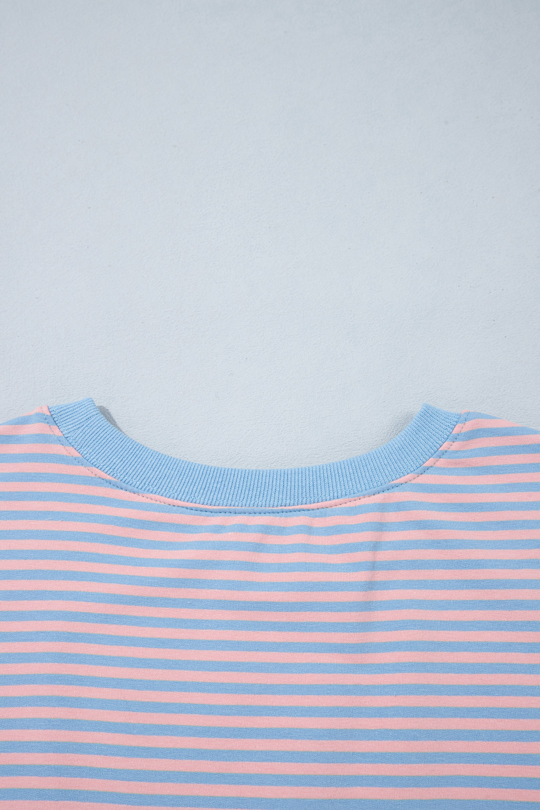 Sky Blue Stripe Colorblock Scalloped Trim Loose 3/4 Sleeve Top