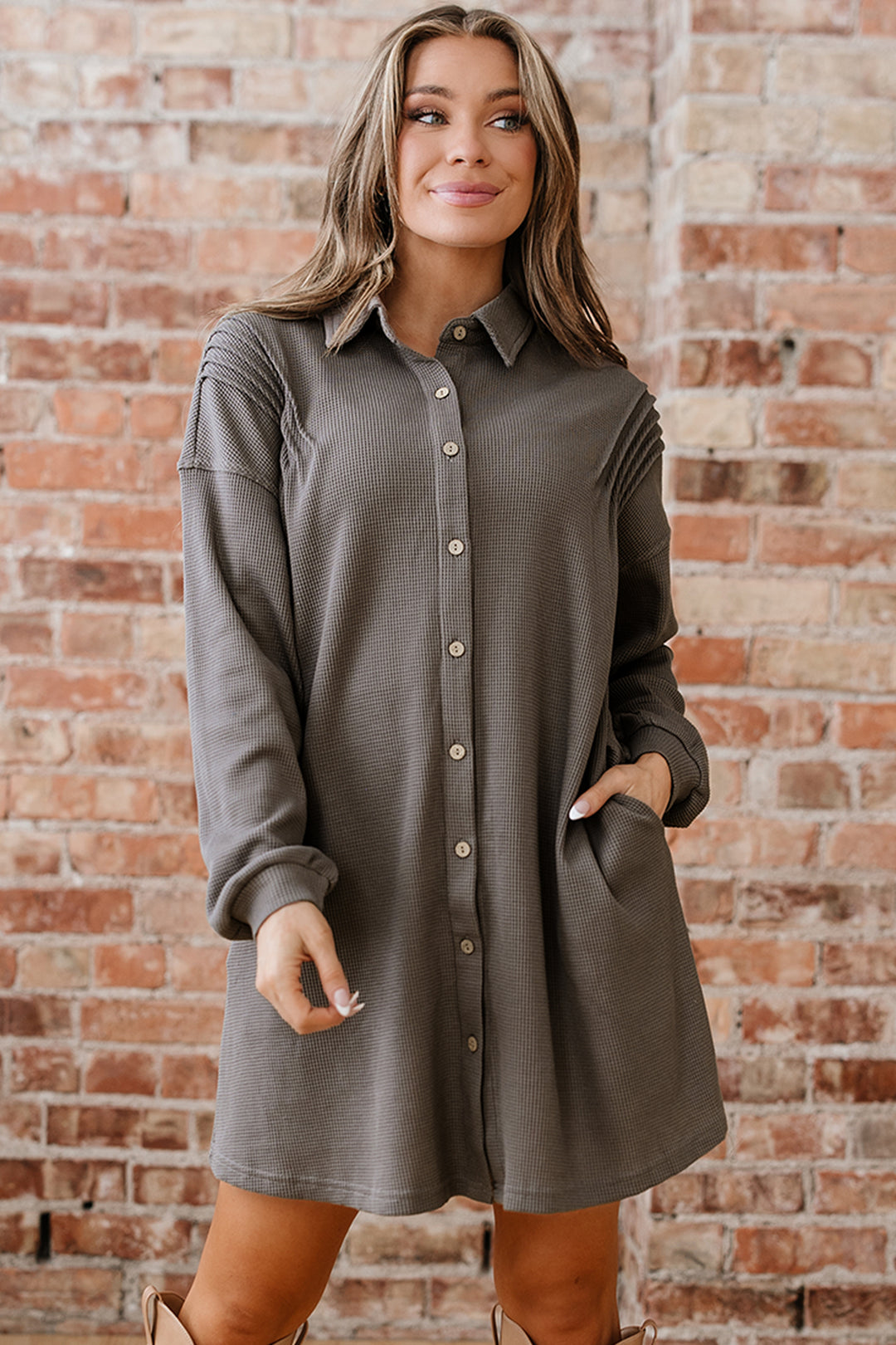Waffle Knit Shirt Tunic Dress