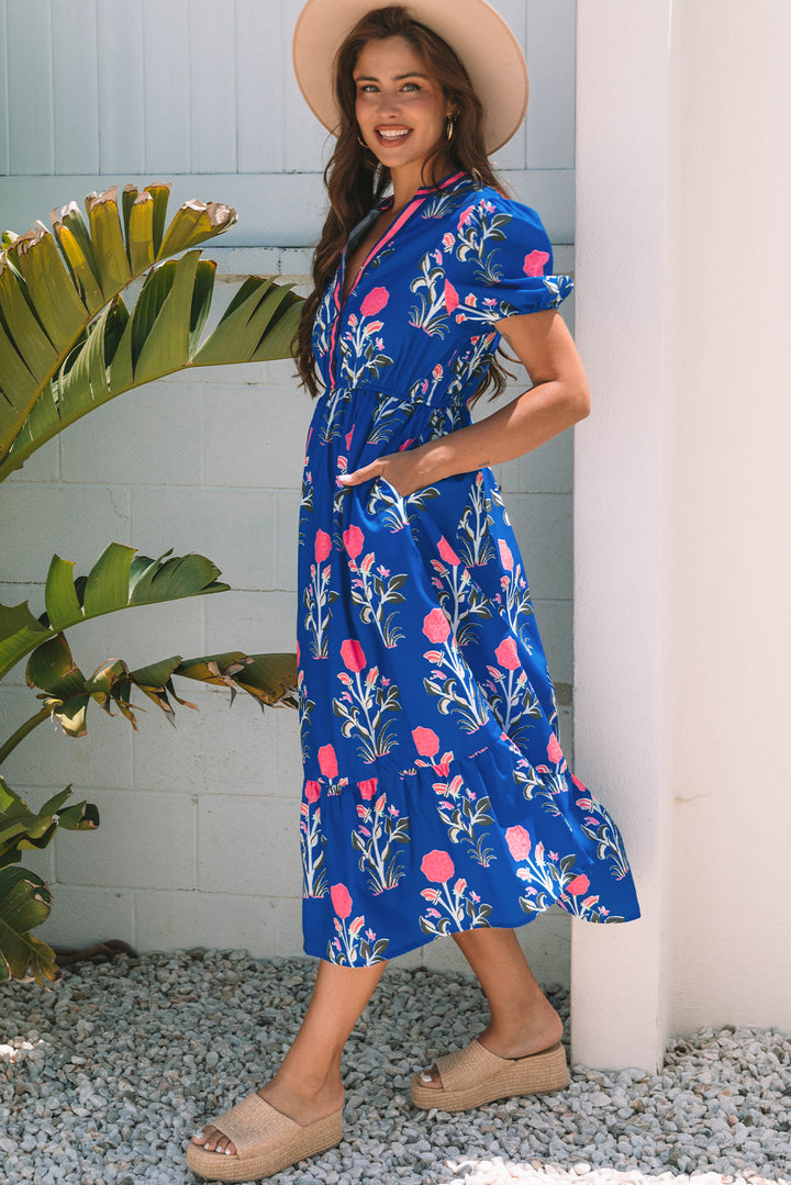 Blue Floral Puff Short Sleeve Maxi Dress