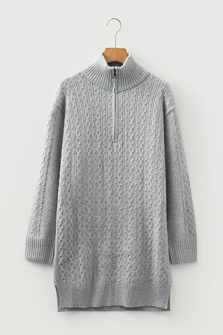 High Cable Knit Quarter Zip Ribbed Trim Loose Sweater Dress