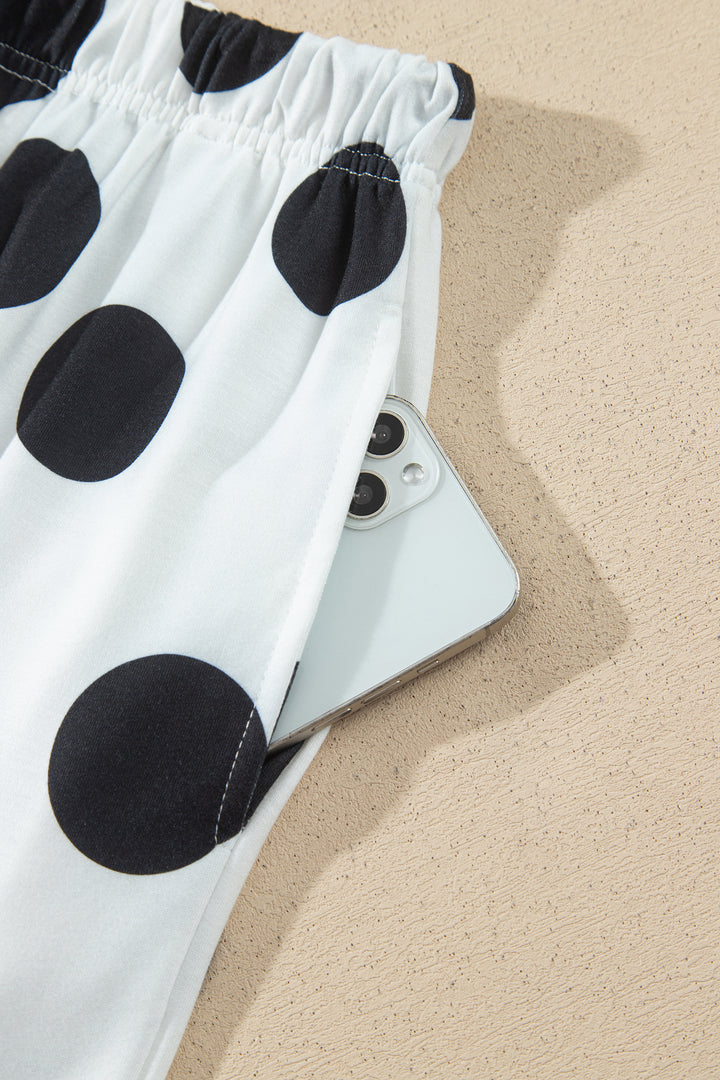 White Polka Dot Long Sleeve Top Drawstring Relaxed Pants Set