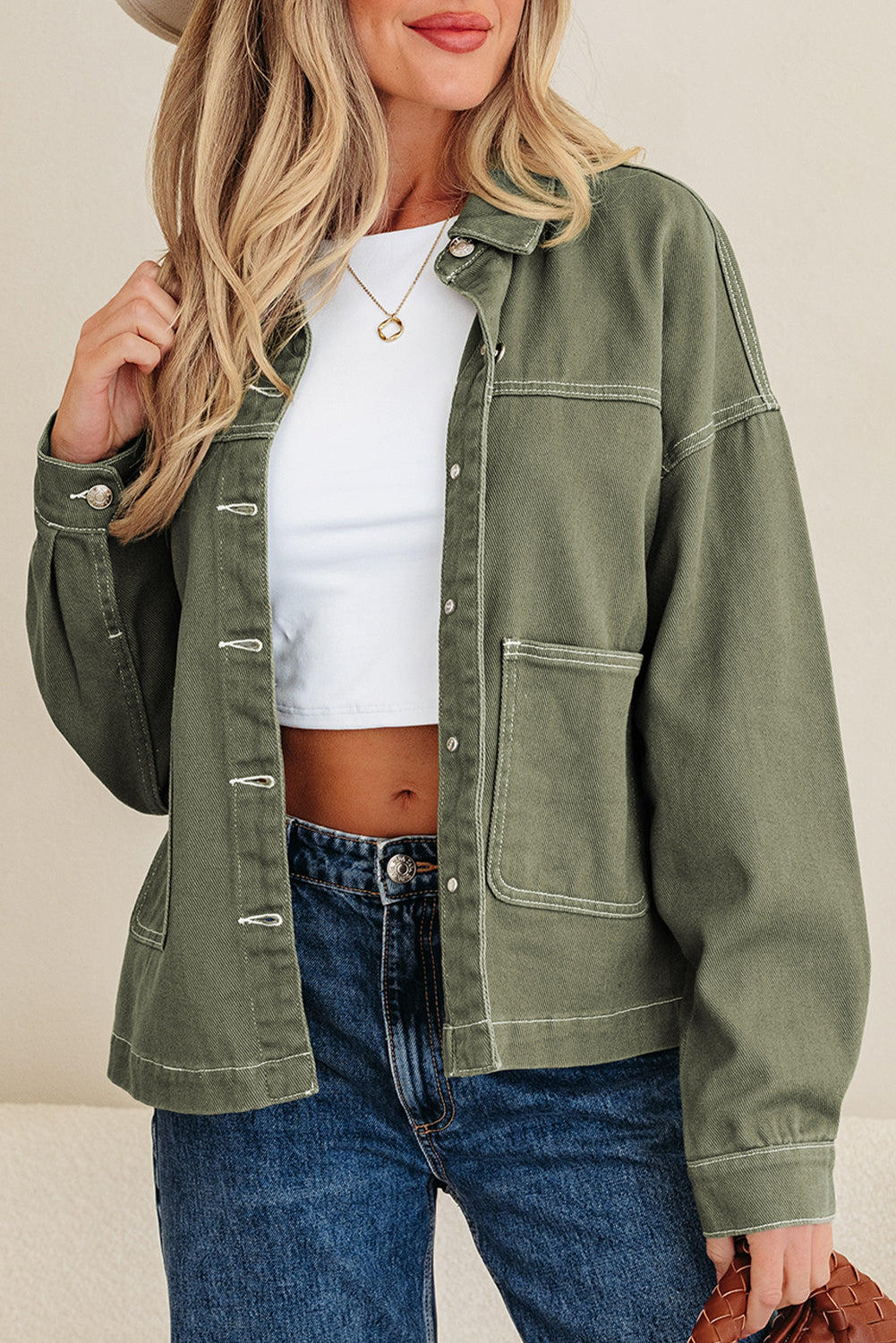 Patched Pocket Collared Button Front Boyfriend Denim Jacket