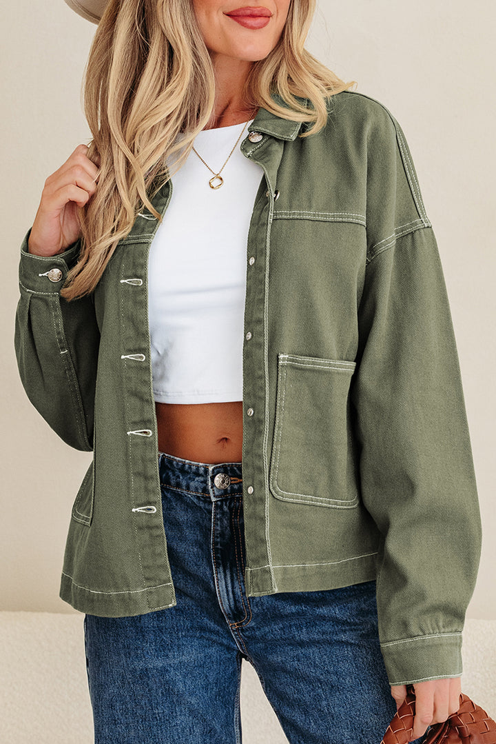 Patched Pocket Collared Button Front Boyfriend Denim Jacket
