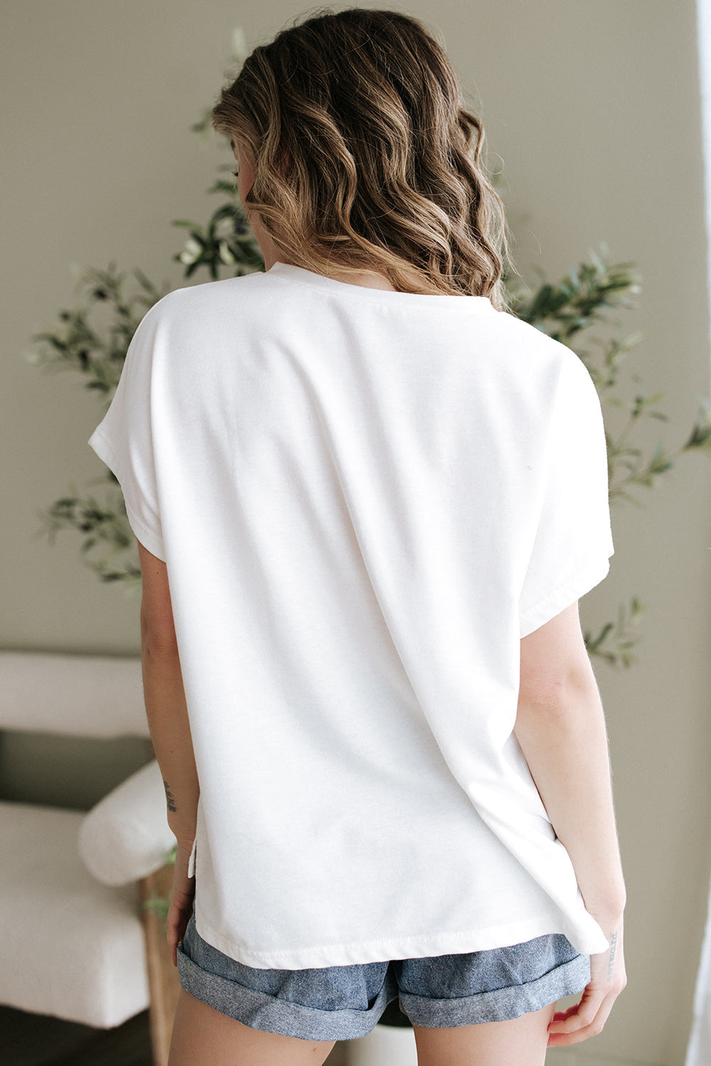 Floral Applique Notched V Neck Dolman Sleeve Top