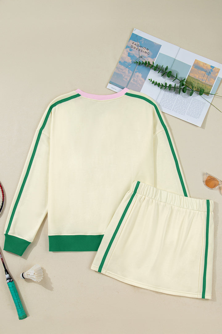 Beige Ribbed Colorblock Trim Sporty Pullover Mini Skort 2pcs Athleisure Set