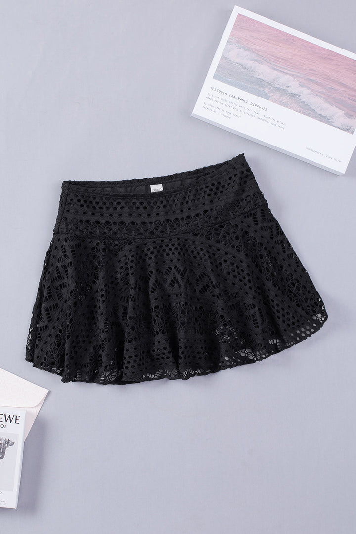 Black Solid Color Crochet Lace Skirted Bikini Bottom