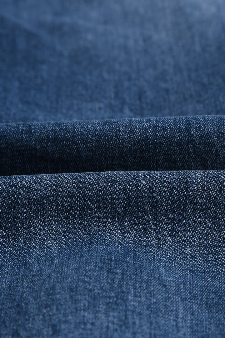 Dark Blue Elastic Waist Straight Leg Destroyed Raw Hem Jeans