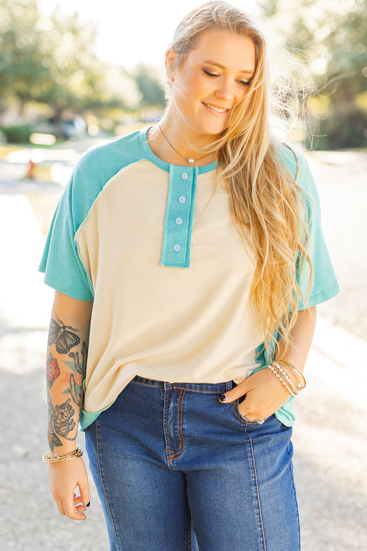 Color Block Raglan Sleeve Buttoned Plus Size T Shirt