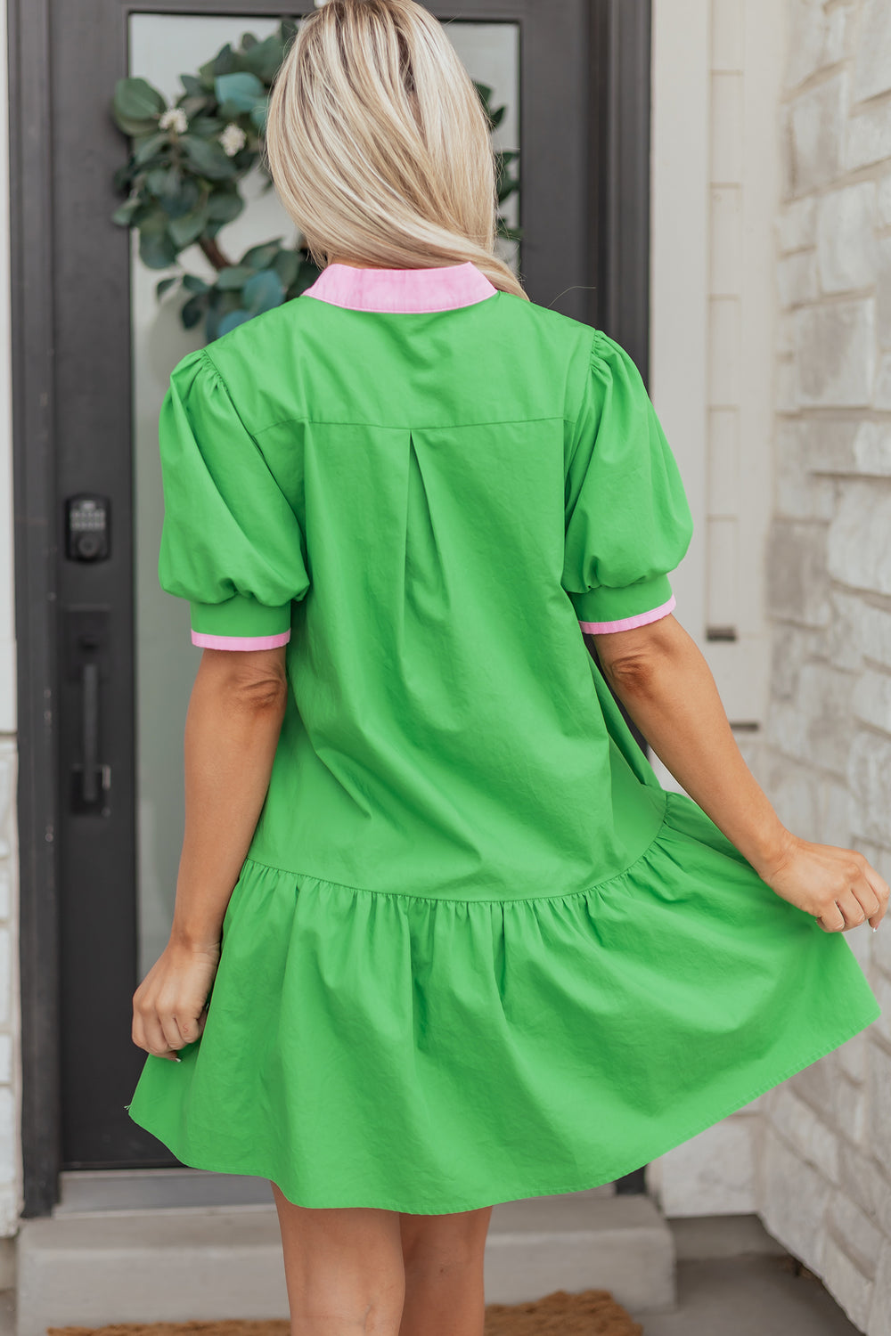 Color Block Detail Split Neck Short Puff Sleeve Ruffle Hem Mini Dress