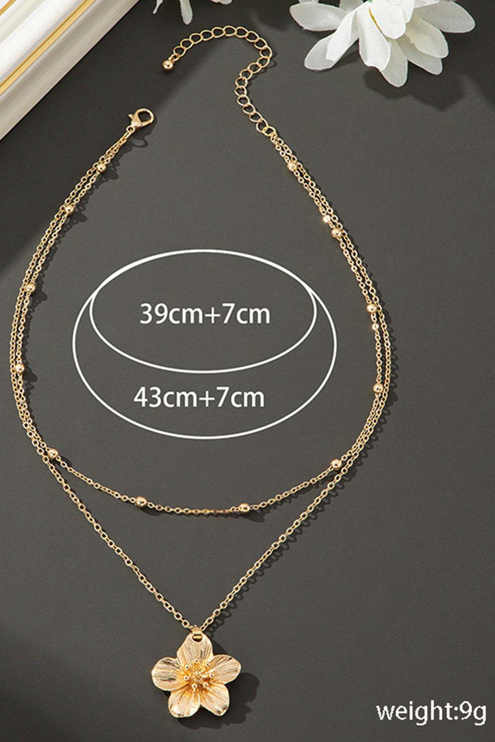 Collier double chaîne plaquée avec pendentif fleur et perles