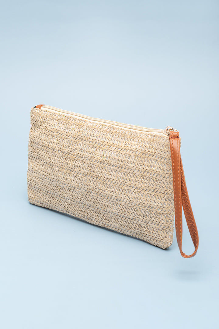 Straw Woven Wrist Strap Zipper Large Wallet