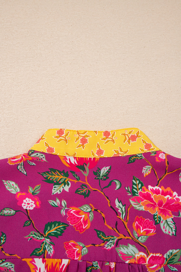Contrast Placket Split V Neck Floral Blouse