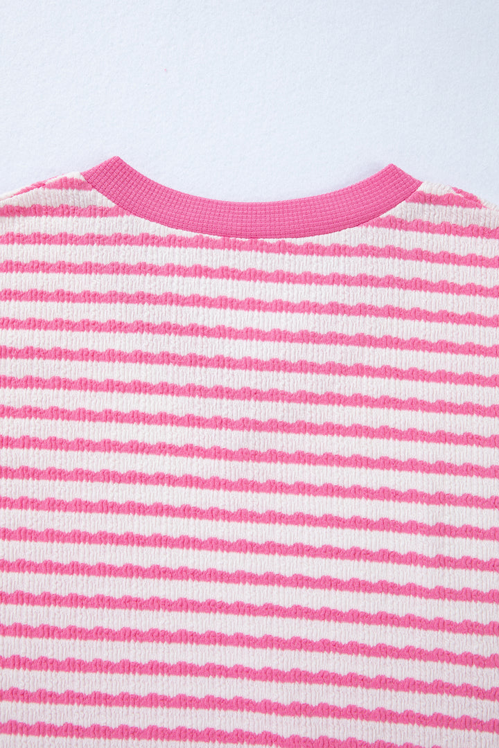 Textured Knit Contrast Trim V Neck Short Sleeve Top