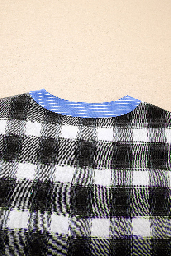 Contrast Striped Edge Half Placket Plaid Blouse