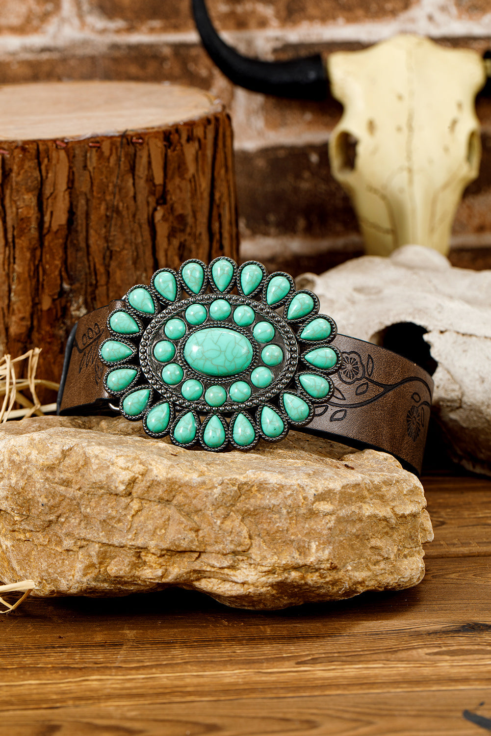 Ceinture en similicuir style western avec pierres précieuses turquoise