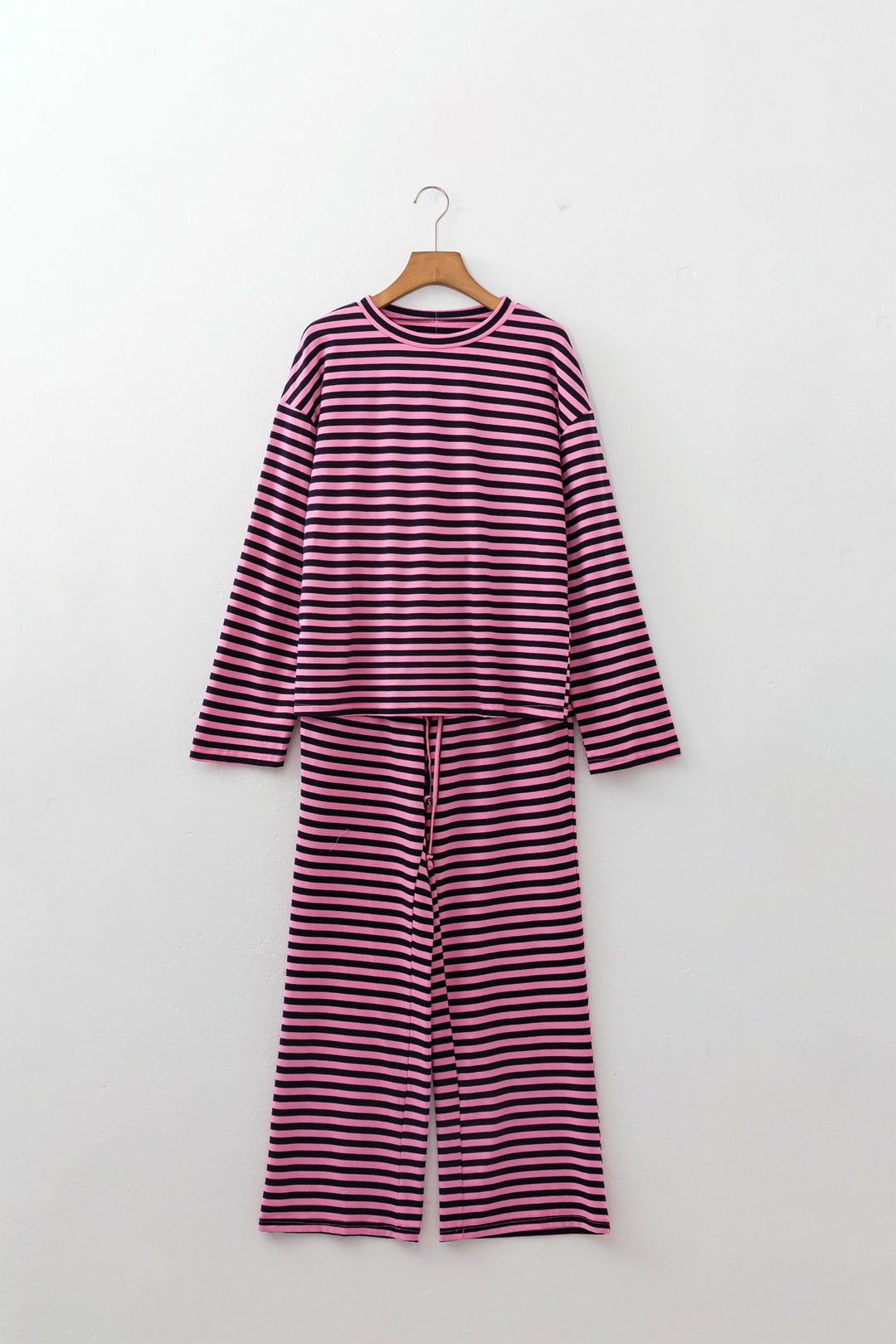 Pink Stripe Casual Long Sleeve Top Drawstring Pant Set