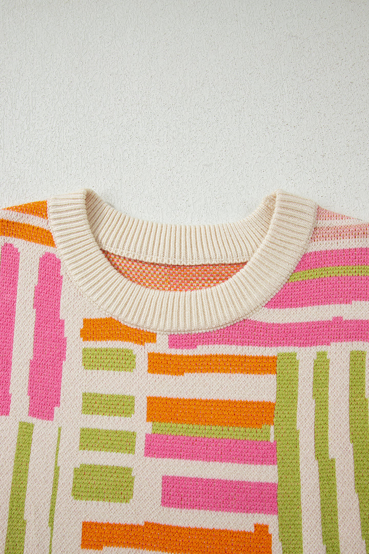 Love Lines Pattern Crew Neck Puff Sleeve Sweater
