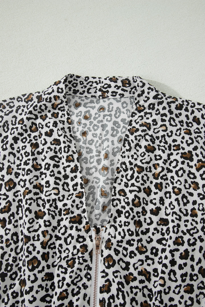 Beige Leopard Zip Front V Neck Cinched Waist Sleeveless Maxi Dress