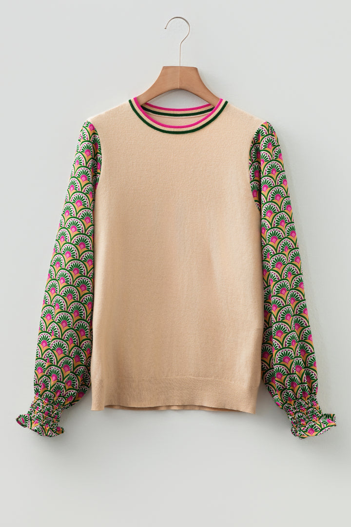 Floral Patchwork Shirred Cuff Puff Sleeve Sweater