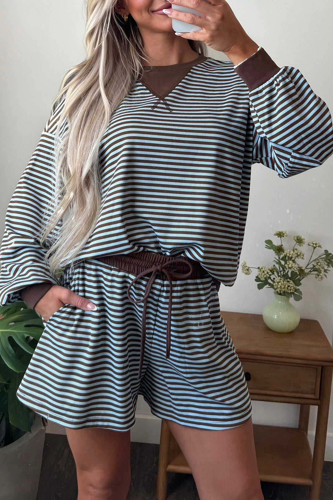 Brown Stripe Oversized Long Sleeve Top Drawstring Loose Shorts 2pcs Set