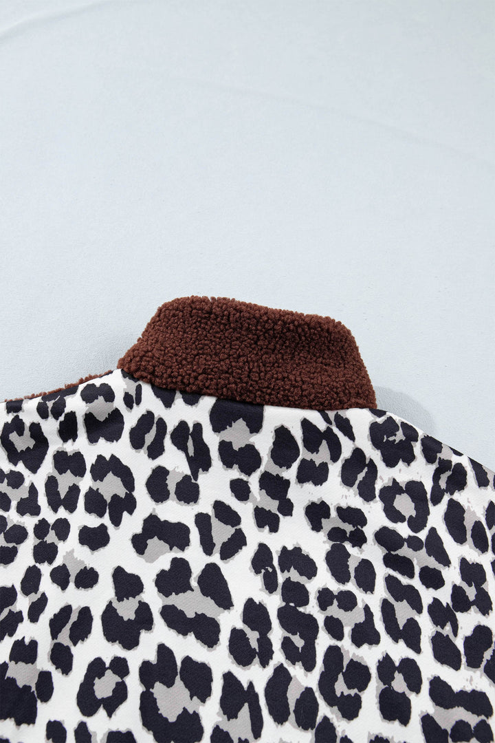 Coffee Leopard Patchwork Fleece Western Style Zip-up Collar Jacket