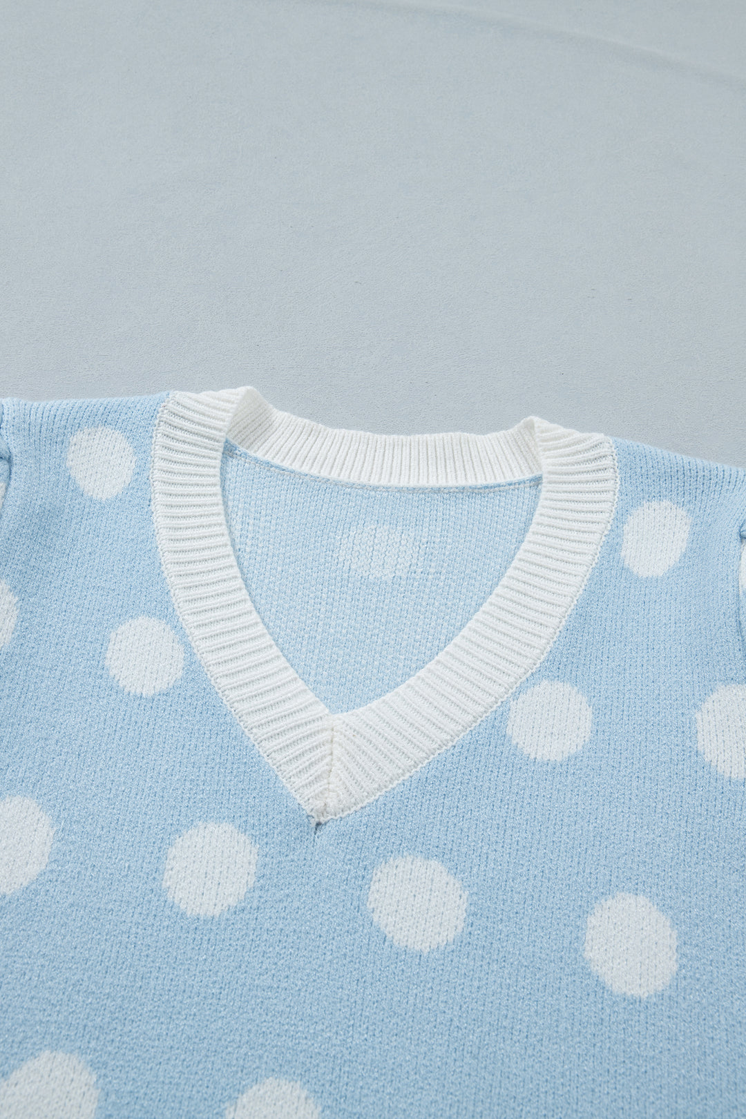 Light Blue Polka Dot Puff Short Sleeve Sweater Top