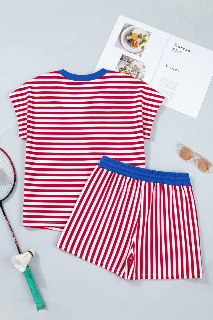 Red Stripe Colorblock Trim V Neck Tee Drawstring Elastic Waist Short Set