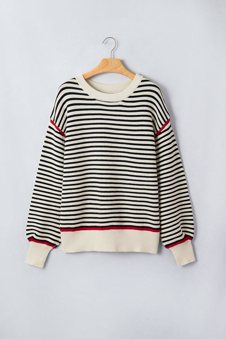 Black Stripe Ribbed Trim Drop Shoulder Oversized Sweater