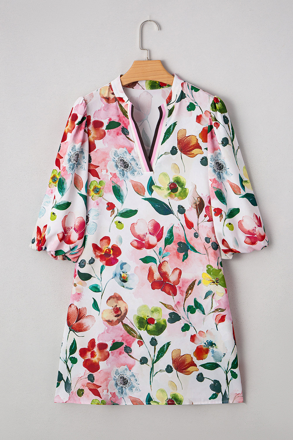 Floral Contrast Striped V Neck Puff Half Sleeve Shift Dress