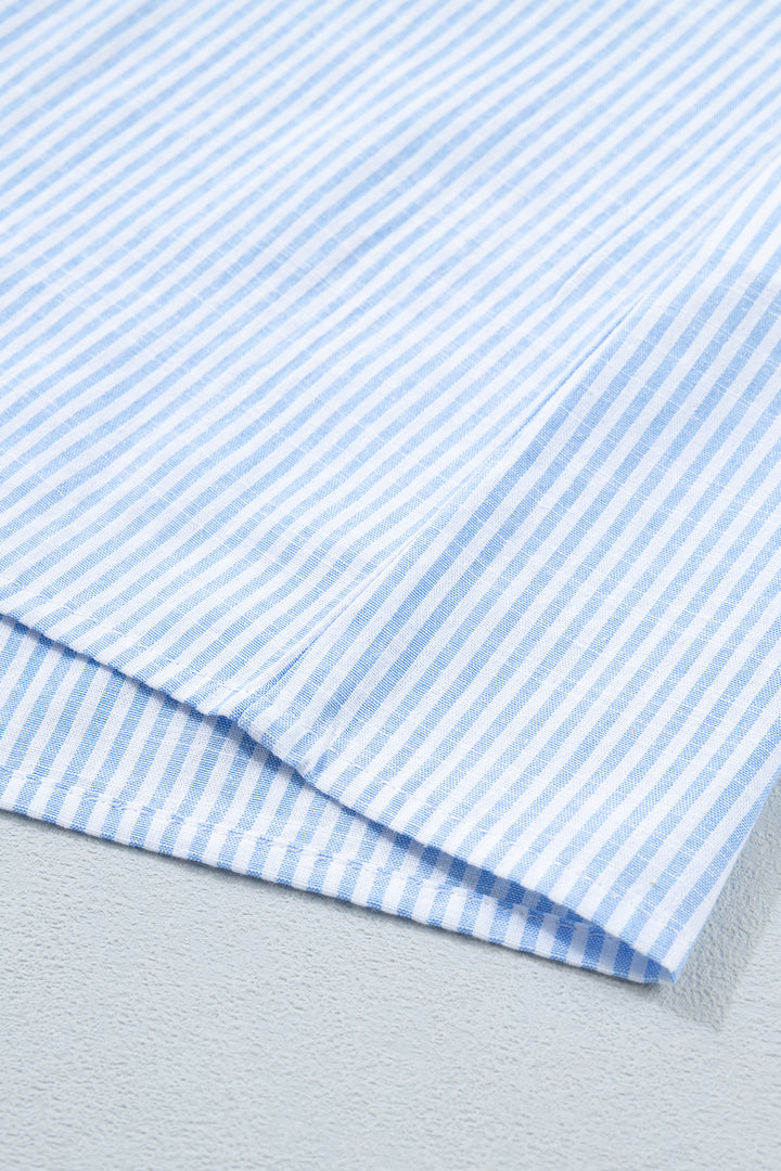 Sky Blue Stripe Leopard Contrast Collar Short Sleeve Shirt