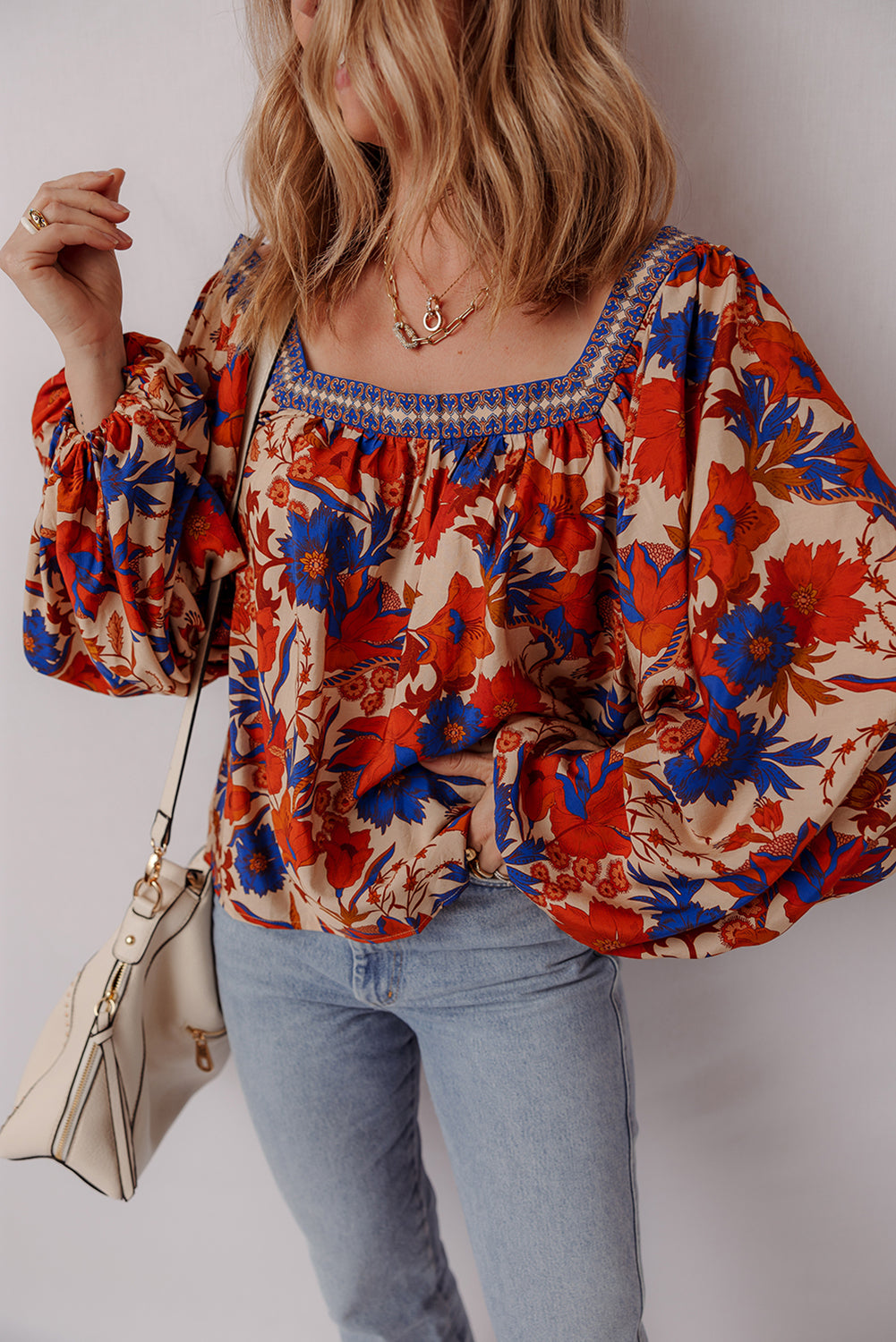 Floral Print Square Neck Backless Loose Fit Blouse