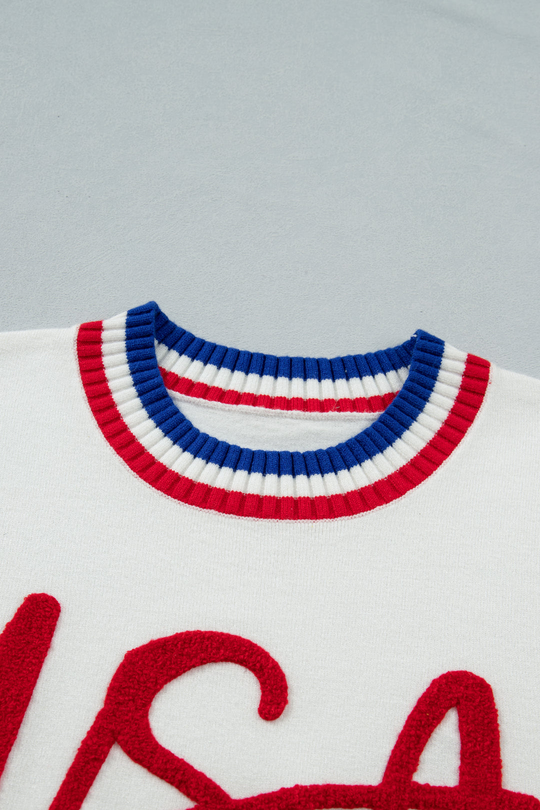 White USA Contrast Striped Trim Round Neck Short Sleeve Sweater