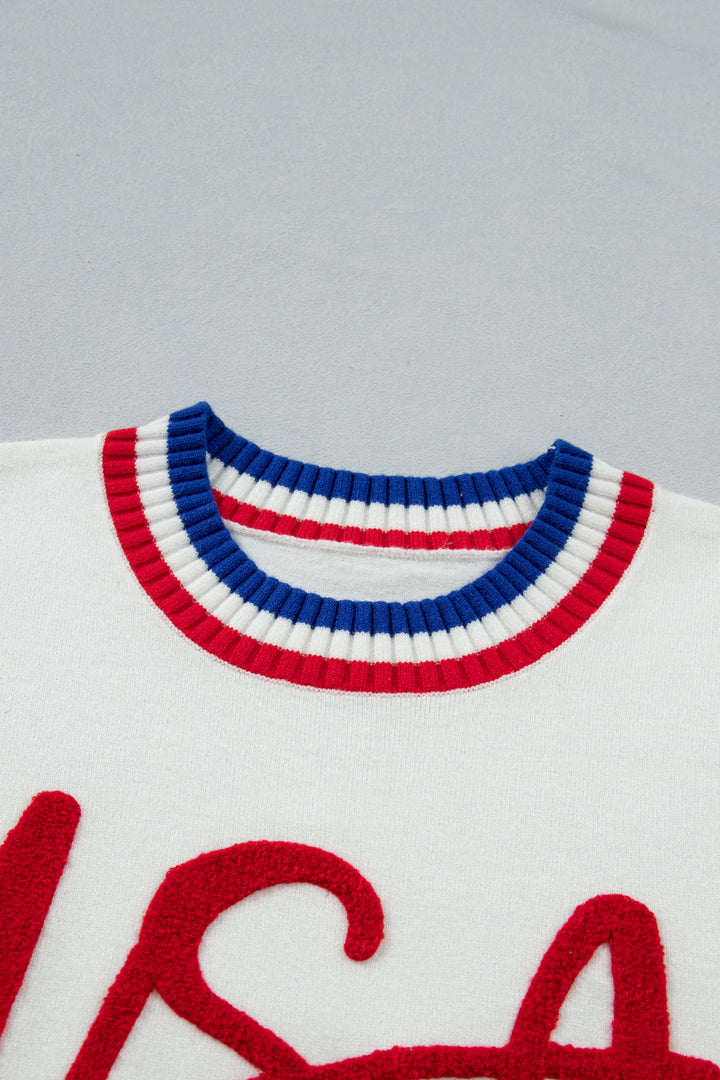 White USA Contrast Striped Trim Round Neck Short Sleeve Sweater