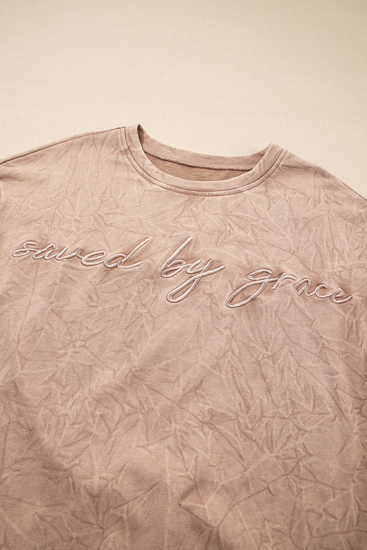 saved by grace Letter Embroidery Mineral Wash Loose Sweatshirt