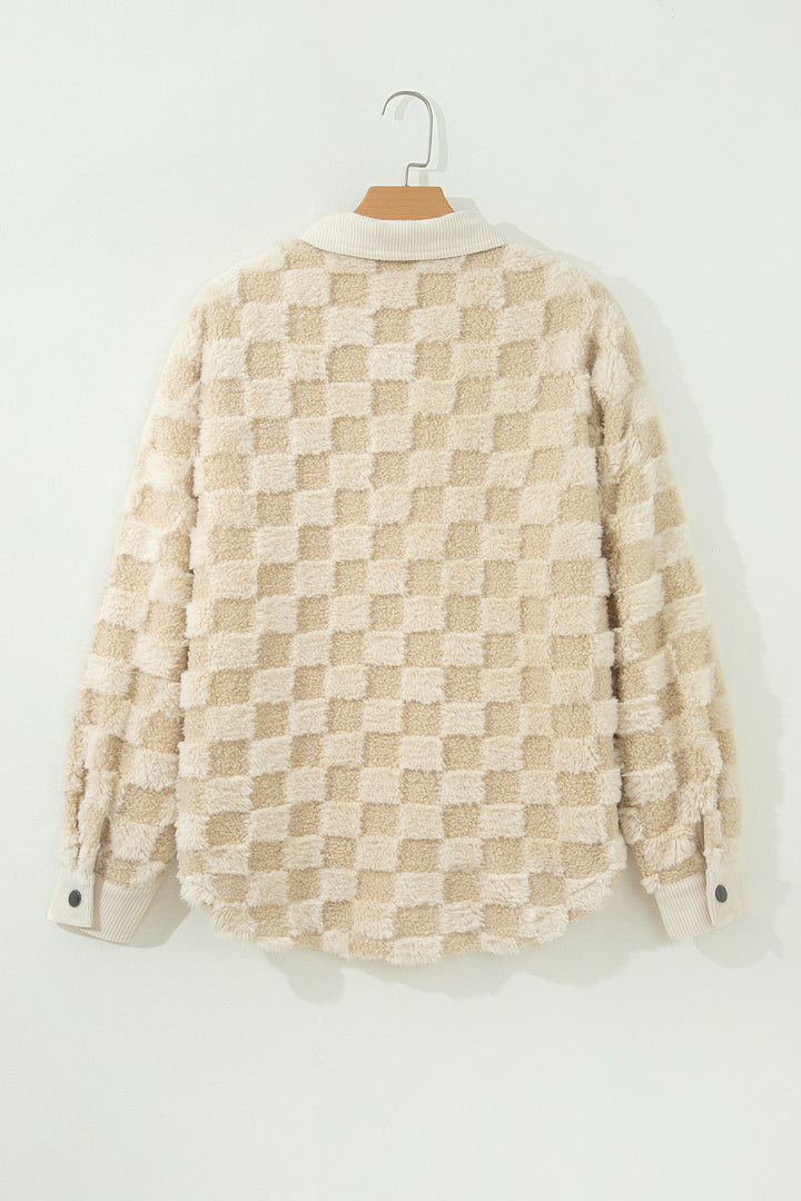 Khaki Plush Checkered Corduroy Shift Silhouette Shacket