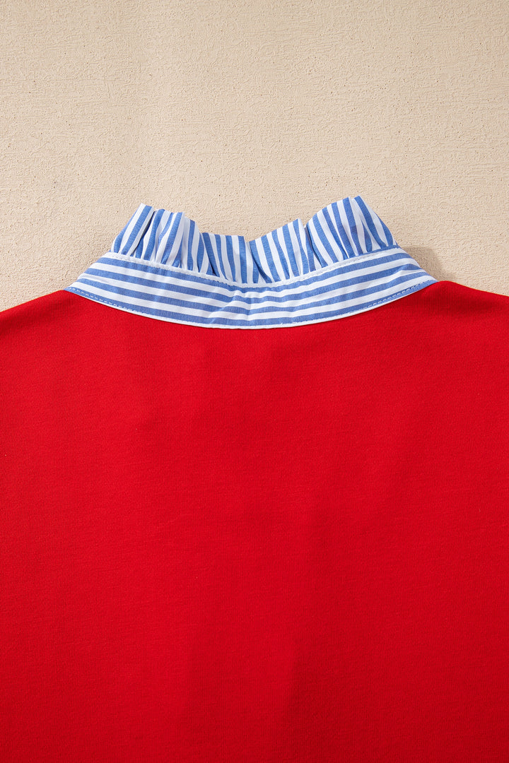 Fiery Red Contrast Striped Collar Patchwork Puff Sleeve Ruffle Hem Mini Dress