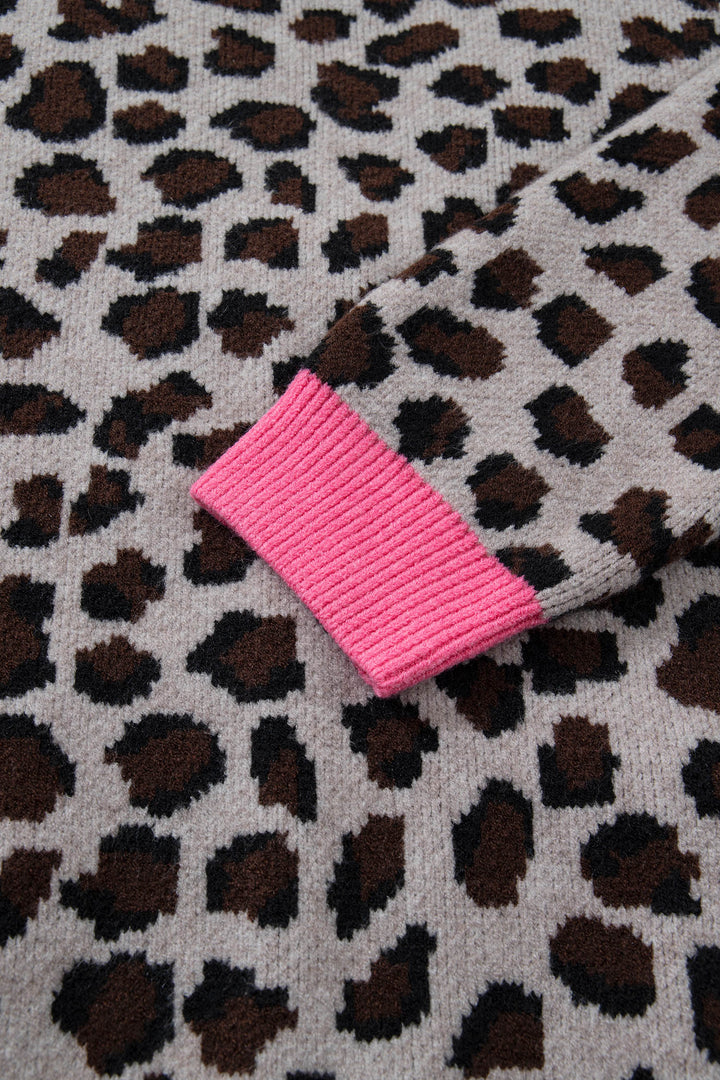 Khaki Oversize Color Block Trim Button Down Leopard Print Cardigan