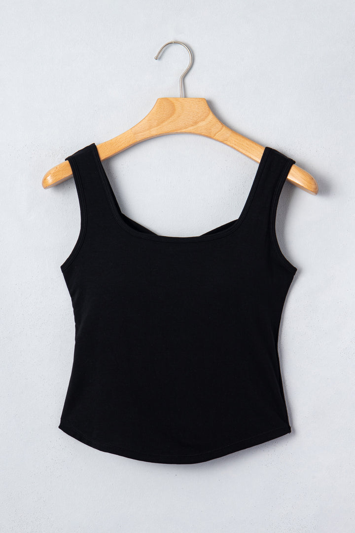 Black Twisted Cross Back Sleeveless U Neck Bra Insert Tank Top