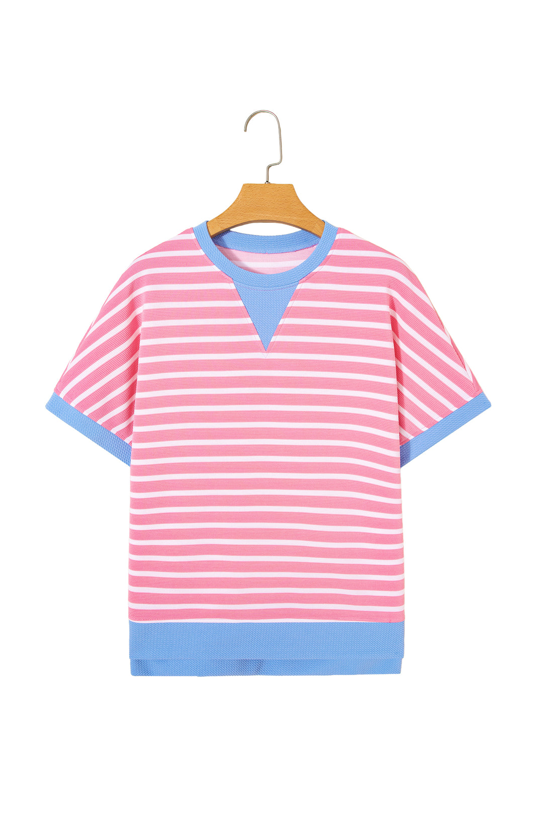 Pink Stripe Contrast Trim Loose Short Sleeve Top