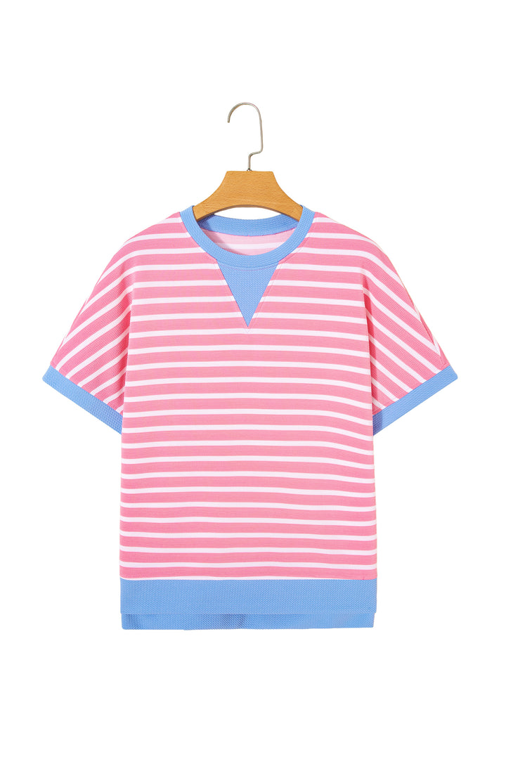 Pink Stripe Contrast Trim Loose Short Sleeve Top