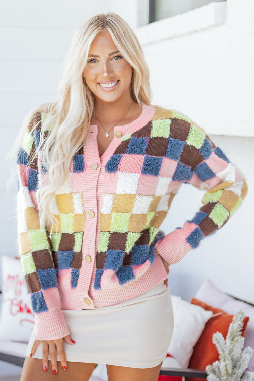 Plush Checkered Pattern Button Front Cardigan Sweater