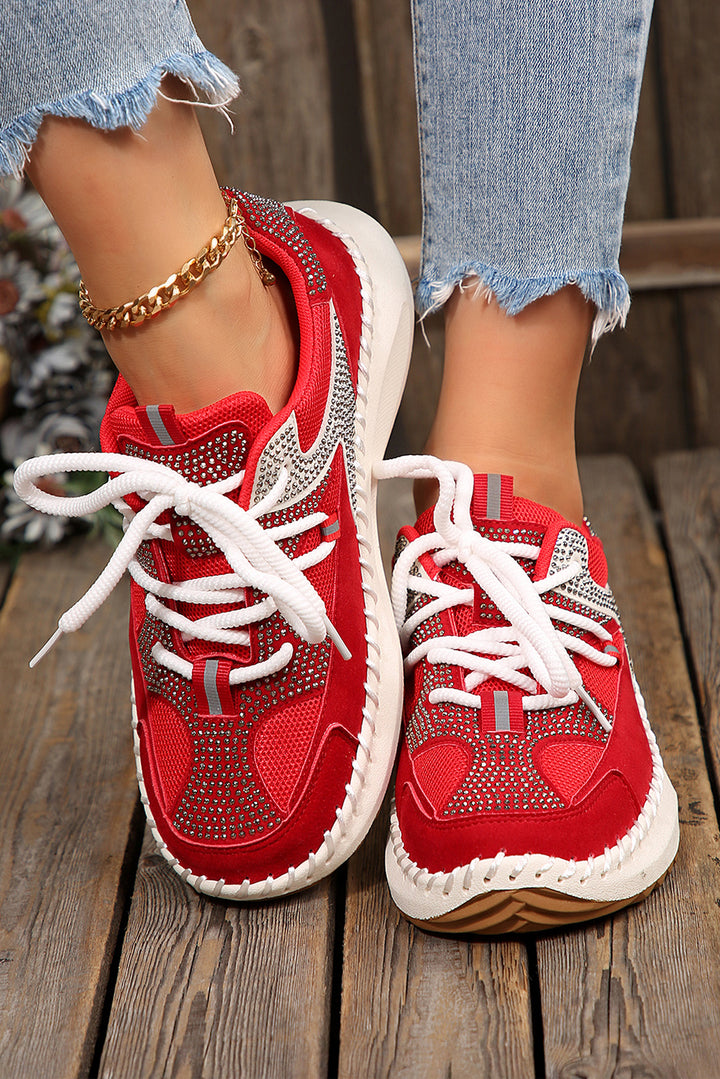 Rhinestone Embellished Color Block Patchwork Lace-up Breathable Sneakers
