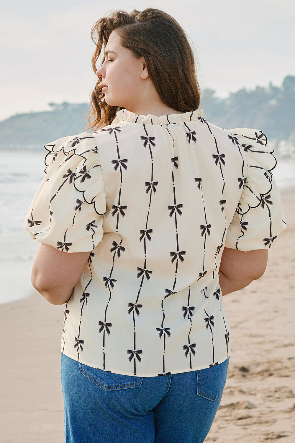 Bow Printed Ruffled Bubble Sleeve Lace-up Notched Neck Plus Size Blouse